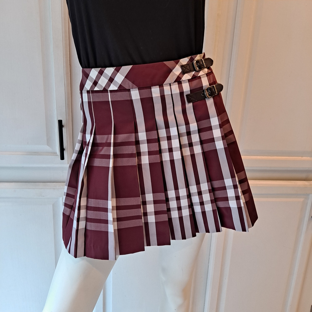 Knights Bridge Chic Burgundy Plaid Mini Skirt with Buckle Details
